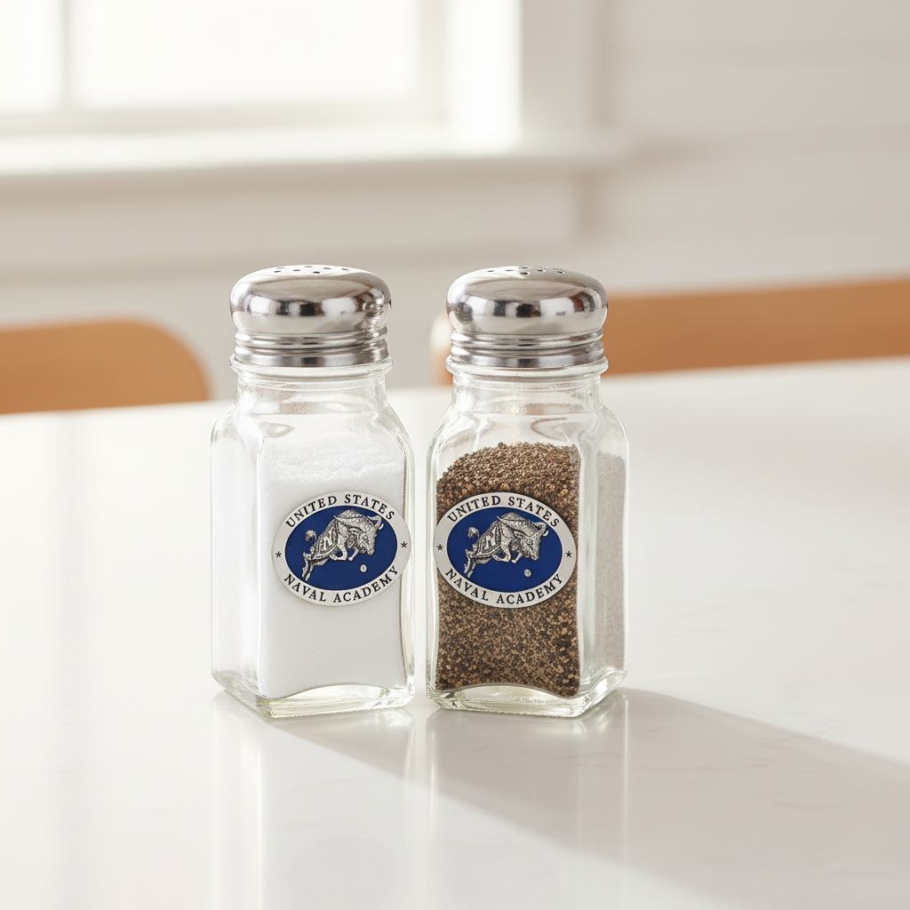 Two glass salt and pepper shakers with United States Naval Academy emblem on a white background