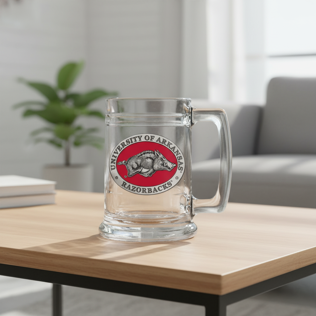 A clear glass stein with a University of Arkansas logo in red and white color.