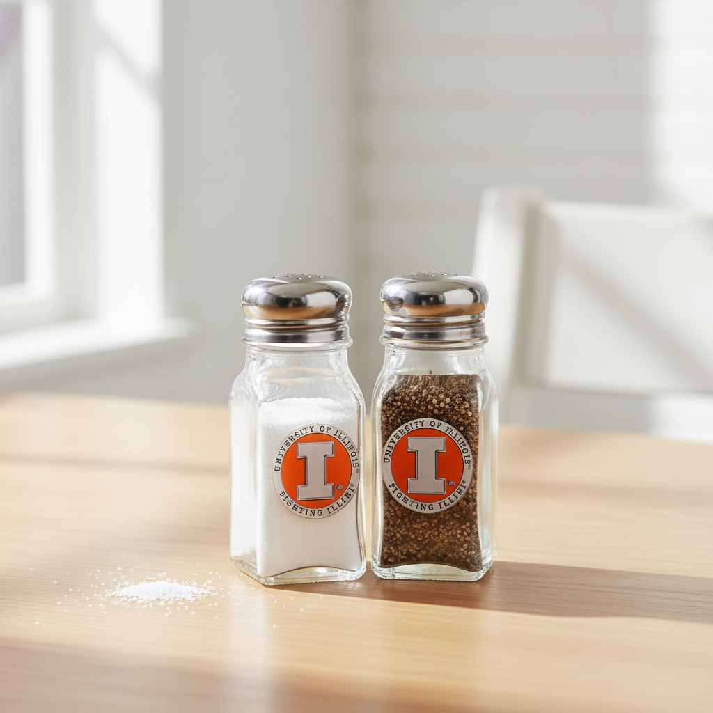 Two glass salt and pepper shakers with University of Illinois logo on a white background