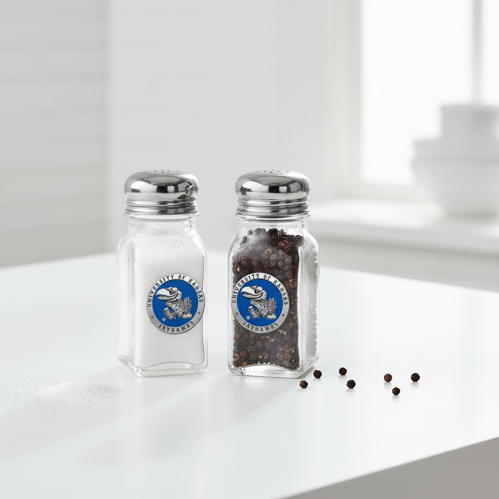Two glass salt and pepper shakers with University of Kansas logo on a white background