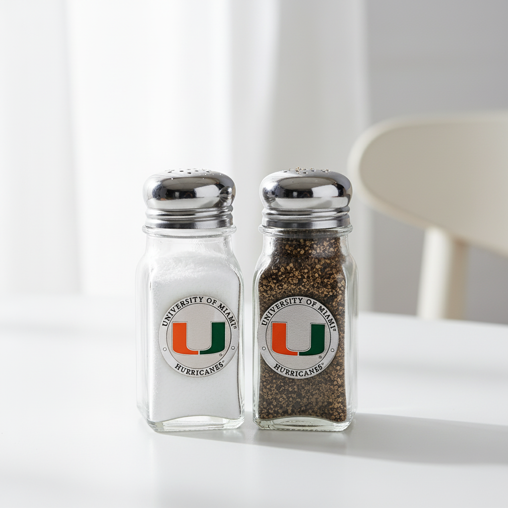 Two glass salt and pepper shakers with University of Miami Hurricanes logo on a white background