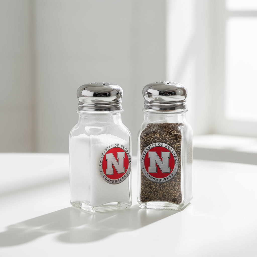 Glass salt and pepper shakers with Nebraska Cornhuskers logo on a white background