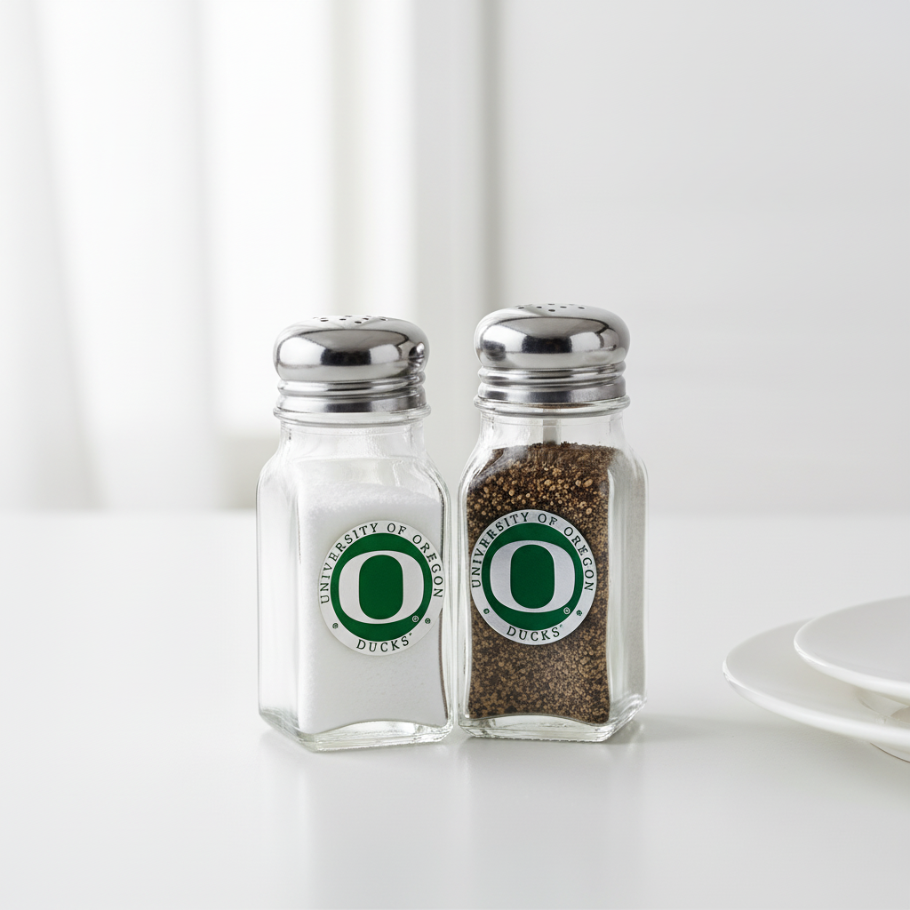 Two glass salt and pepper shakers with University of Oregon logo on a white background