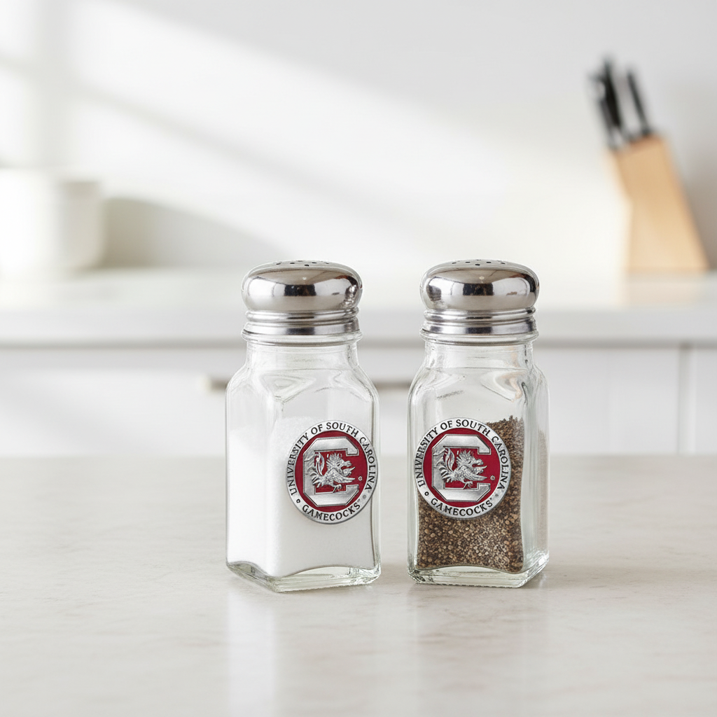 Glass salt and pepper shakers with University of South Carolina logo on a white background