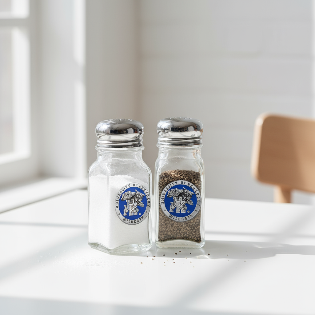 Two glass salt and pepper shakers with University of Kentucky logo on a white background