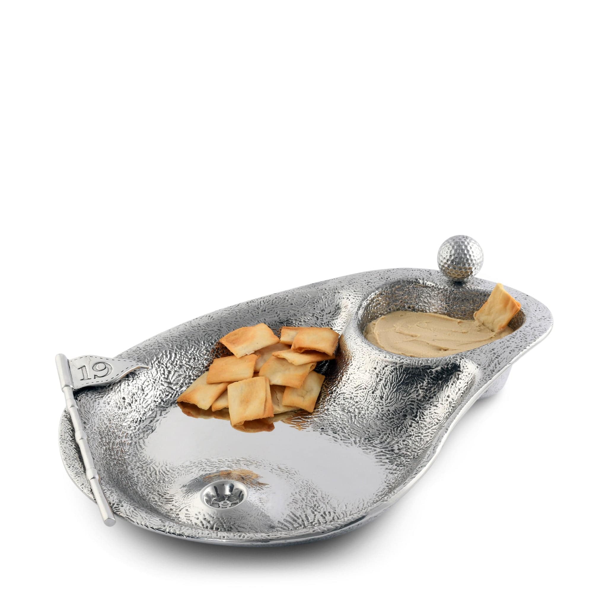 Silver dish with food on a white background