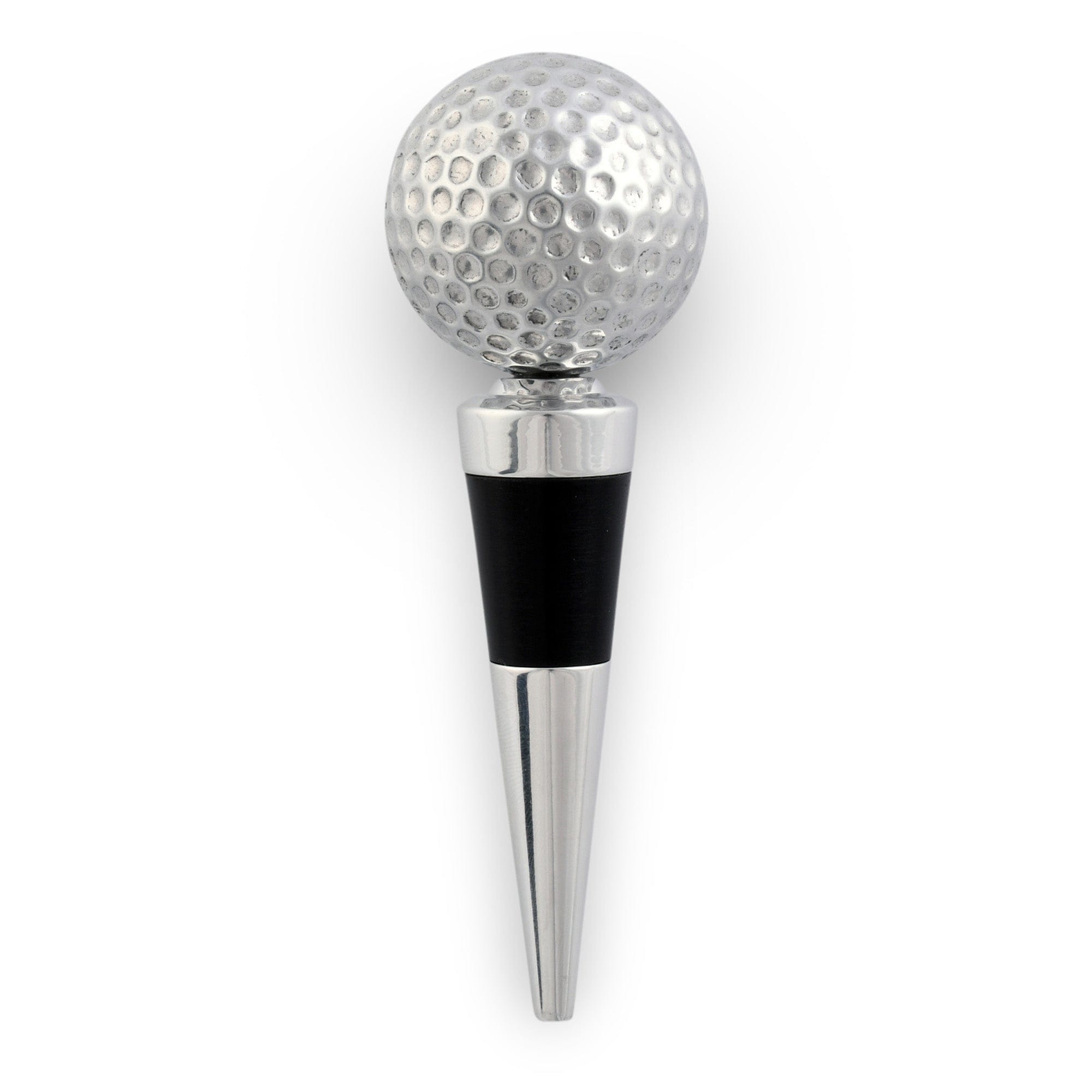 Golf ball-shaped bottle stopper with metallic finish on a white background