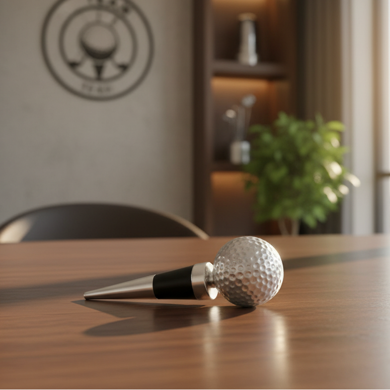 Golf ball-shaped bottle stopper with metallic and black design on a white background