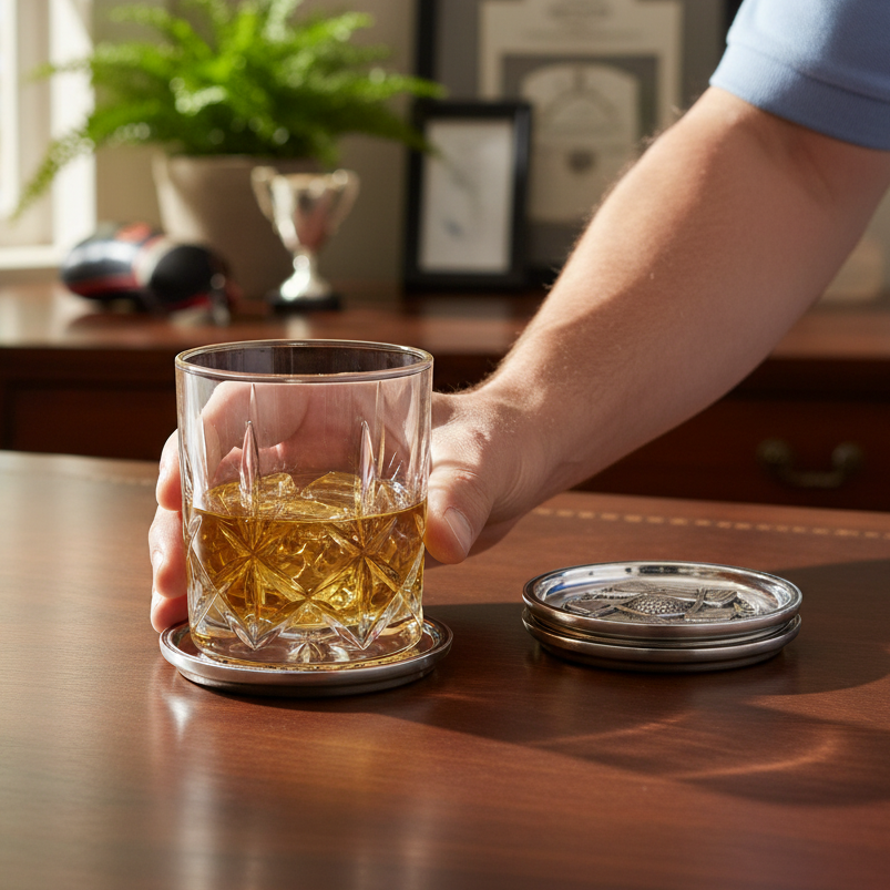 Set of silver coasters with golf-themed design on a white background